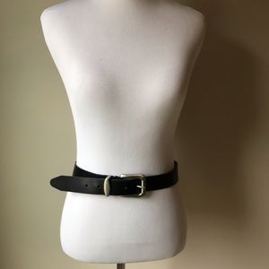 Black leather belt with silver buckle